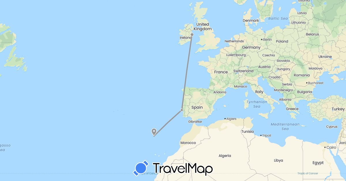 TravelMap itinerary: driving, plane in Ireland, Portugal (Europe)